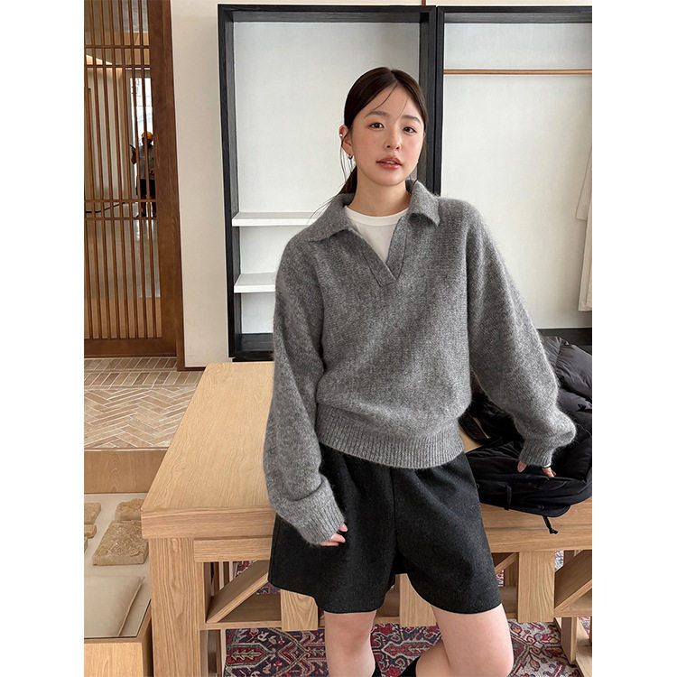 THXGIVING慵懒风软糯杂色毛衣女2025秋冬季连肩袖宽松针织POLO衫