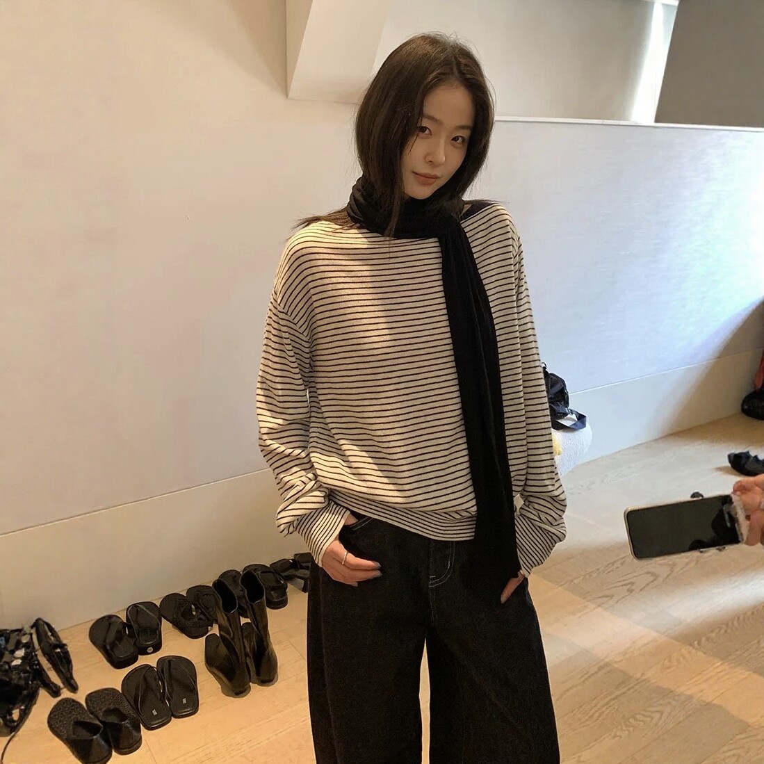 THXGIVING盐系清冷感 随意百搭宽松拼色露肩针织羊毛衫女2026春款