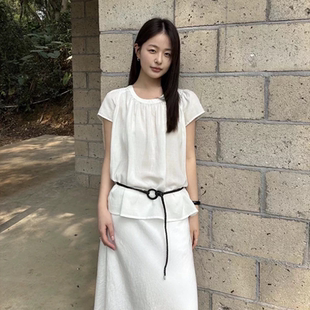THXGIVING夏日海盐调 天丝苎麻褶皱圆领小飞袖清新上衣女2026新款