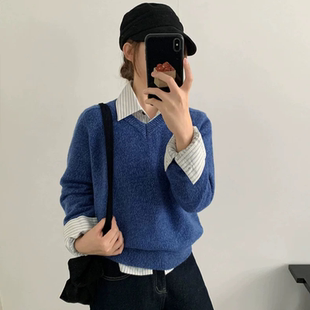 THXGIVING全羊毛高级简约套头V领宽松显瘦针织毛衣女2025秋冬新款
