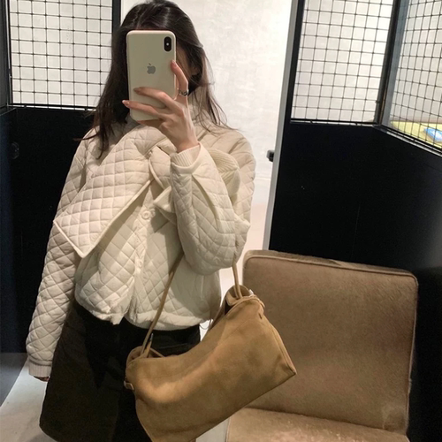 THXGIVING 初冬柔雾肌理菱格绗棉外套2026女士可拆卸围巾轻量棉服