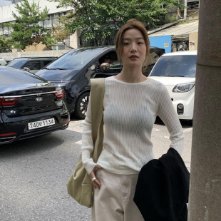 THXGIVING 坑条基础圆领打底针织衫女2024秋季新款修身简约毛衣