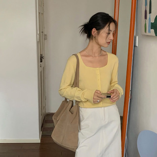 THXGIVING 方领羊毛韩系风气质针织衫女2024秋季新款长袖纯色毛衣