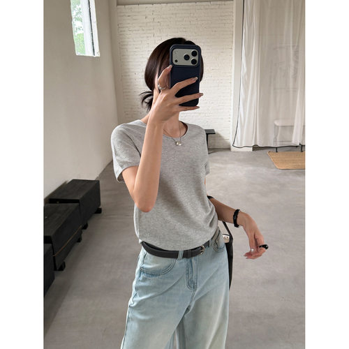 THXGIVING极简美学 基础款透气针织T恤女2026夏款U领纯色短袖上衣