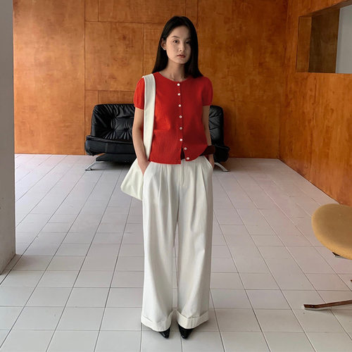 THXGIVING 通勤风百搭休闲裤女2025春季新款高腰宽松直筒卷边长裤