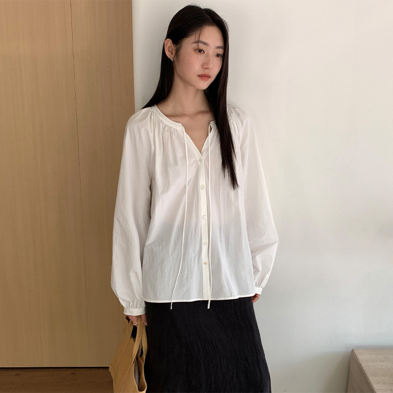 THXGIVING韩系温柔显瘦宽松长袖系带衬衫女2025秋季新单排扣上衣