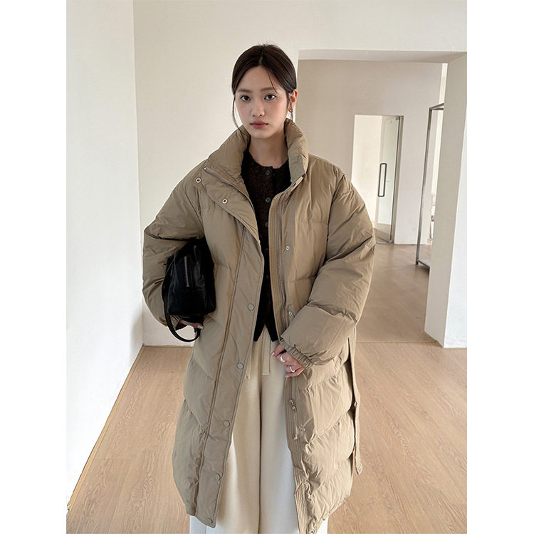 THXGIVING 加长羽绒服大衣女2025冬季新款腰带基础立领白鸭绒外套