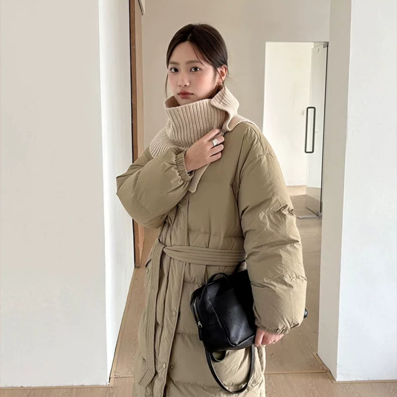 THXGIVING 加长羽绒服大衣女2025冬季新款腰带基础立领白鸭绒外套