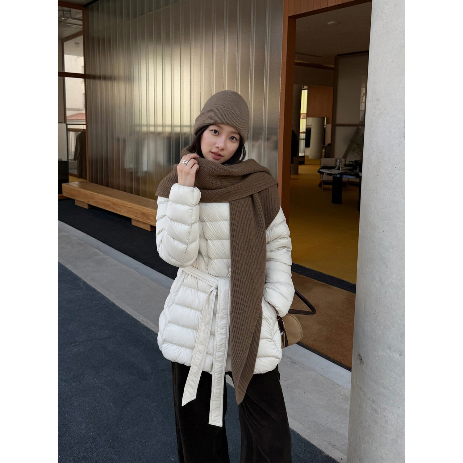 THXGIVING 静奢风白鸭绒羽绒服女2026冬立领斜门襟系腰带显瘦外套