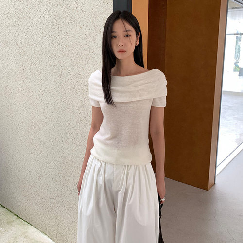 THXGIVING时髦穿搭一字肩短袖修身显瘦针织毛衣女2025秋季新款