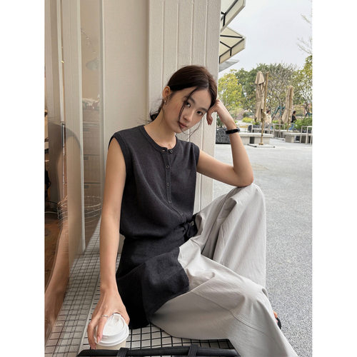 THXGIVING简约休闲圆领无袖针织背心+披肩两件套女2026春新款上衣