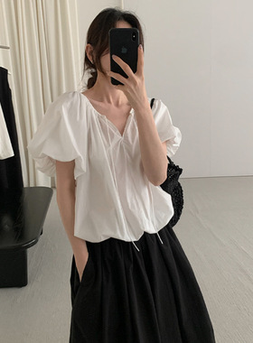 THXGIVING 少女感减龄泡泡袖小衫女2025夏季新款抽褶绑带短上衣