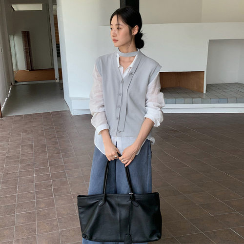 THXGIVING系扣飘带无袖羊毛针织衫女2025秋季新款显瘦V领气质毛衣