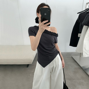 THXGIVING不规则斜肩小众设计多层花边T恤女2025夏季新款修身上衣