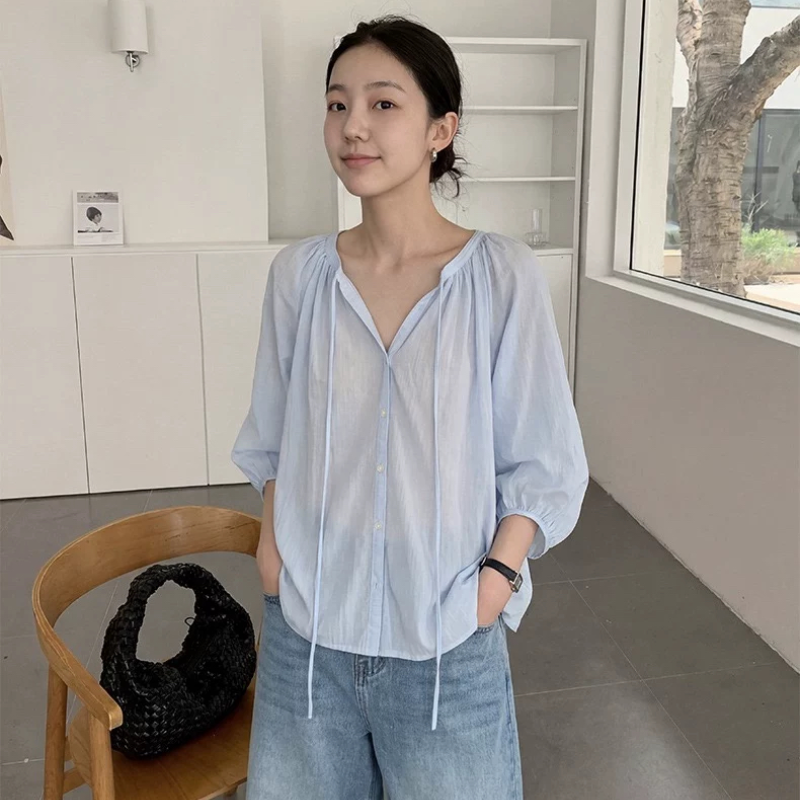 THXGIVING森系治愈感 灯笼七分袖遮肉显瘦宽松系带娃娃衫2026夏女