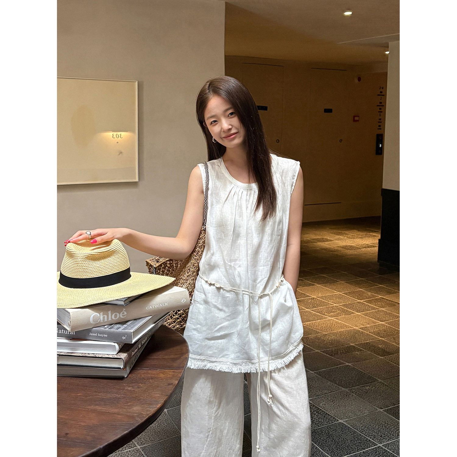 THXGIVING 森系女孩 无袖蕾丝流苏下摆文艺亚麻小衫2026夏日新款