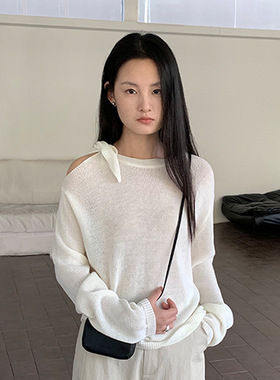 THXGIVING 甜美气质单露肩绑带针织衫女2025春季新款宽松薄款上衣
