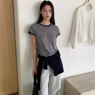 THXGIVING复古感休闲条纹拼色针织T恤女2025秋季新款显瘦短袖毛衣