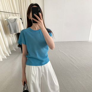 THXGIVING 插肩短袖针织衫女2025夏季新款前长后短露腰绑带上衣