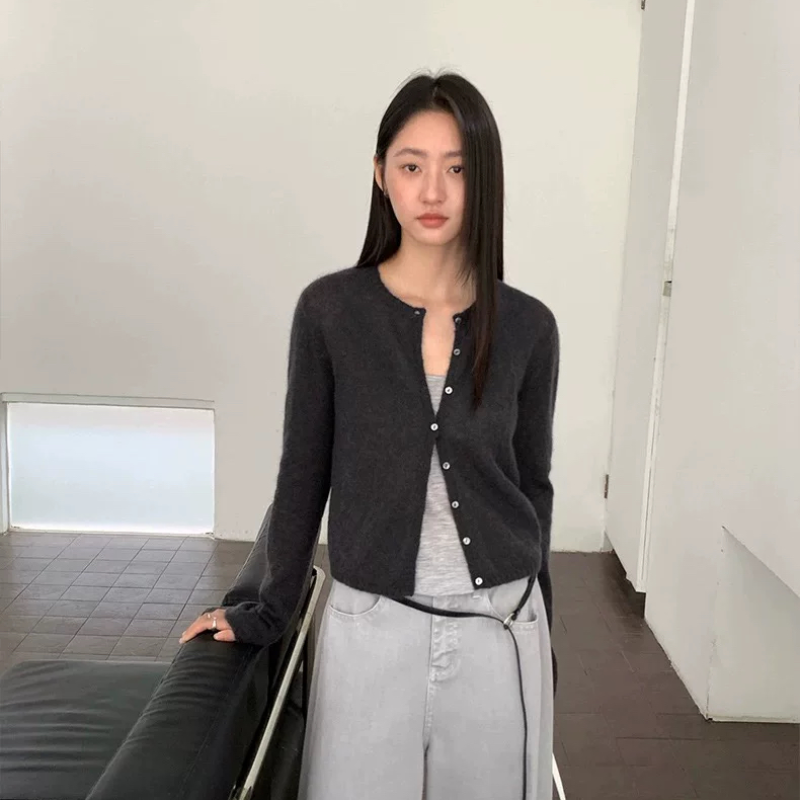 THXGIVING马海羊毛针织薄开衫女2025早秋新简约百搭显瘦长袖毛衣