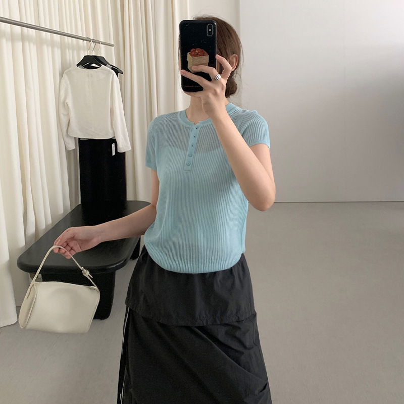THXGIVING 简约螺纹针织衫女2025夏季新款系扣套头圆领百搭上衣