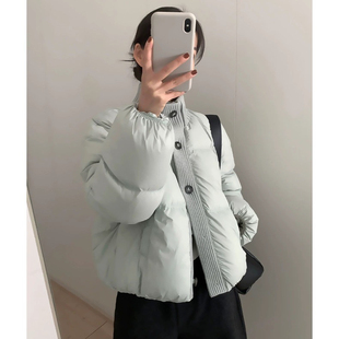 THXGIVING 冬日轻盈保暖高领毛织拼缝羽绒面包服女2025新款外套