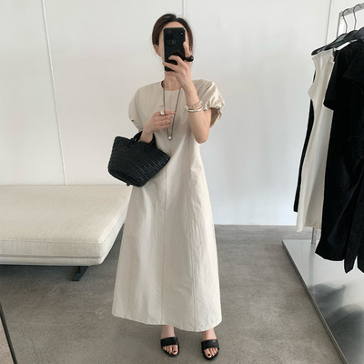 THXGIVING 抽褶泡泡短袖显瘦收腰别致连衣裙女2025夏季气质长裙