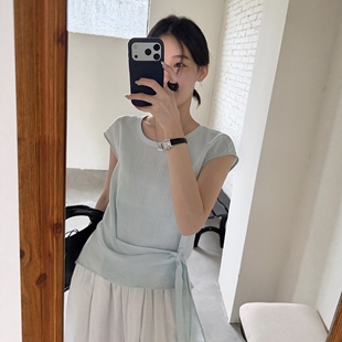 THXGIVING极简线条美气质侧围裹飘带显瘦小飞袖薄衬衫2026夏季女