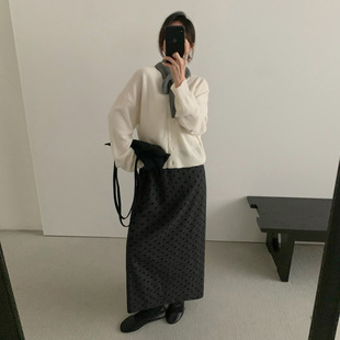 THXGIVING 韩系吸睛波点毛呢半身裙2025秋冬季松紧腰显瘦直筒长裙