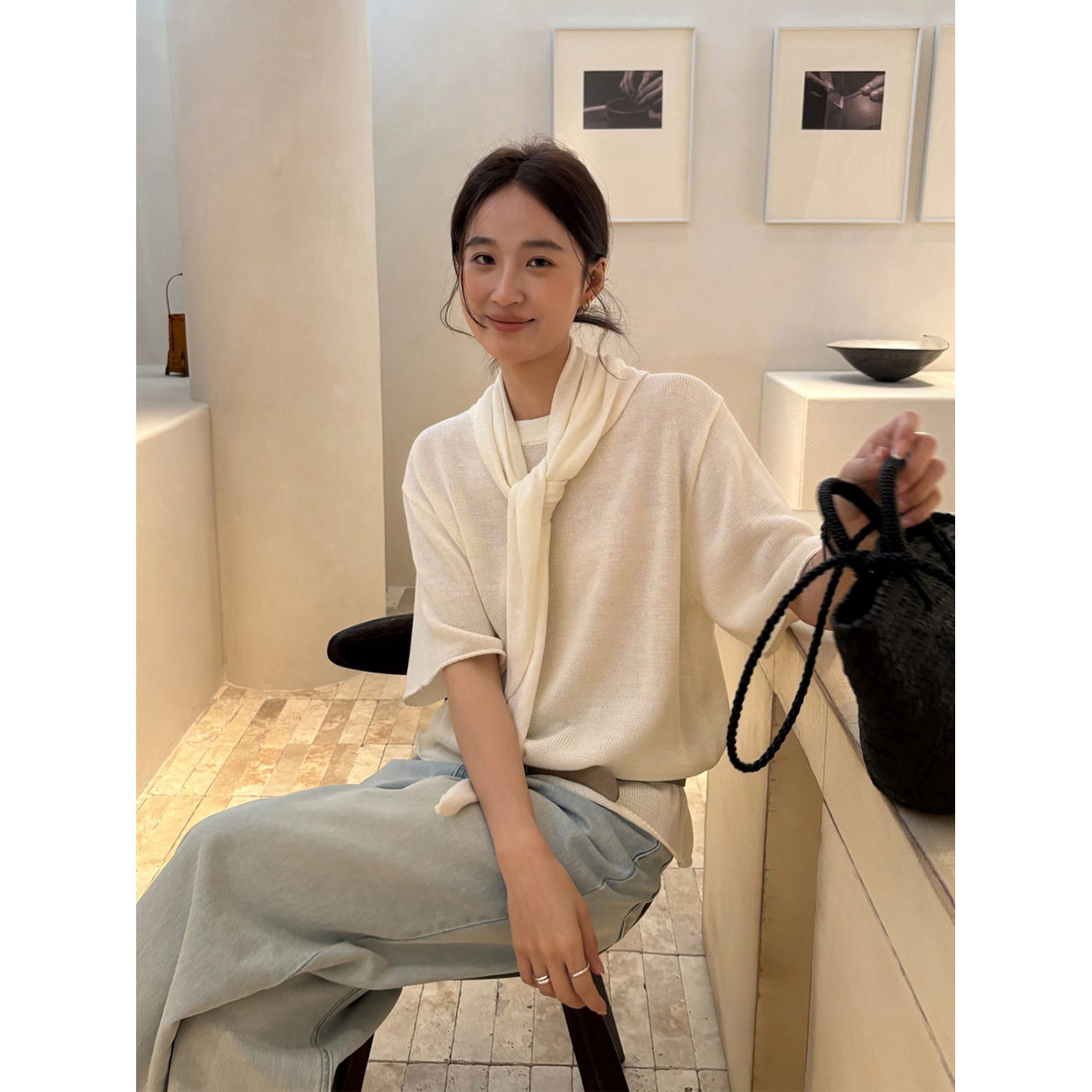 THXGIVING 松弛主义 随性搭披肩围脖宽松五分袖针织T恤套装女26春