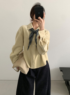 THXGIVING 老钱风复古丝巾搭配灯芯绒宽松衬衫女2025秋冬新款上衣