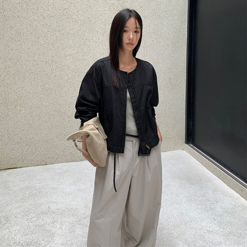 THXGIVING复古水洗拉链夹克牛仔外套女2025秋季新圆领宽松短上衣