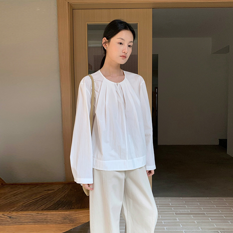 THXGIVING 法式简约宽松压褶圆领衬衫女2025春季新款一粒扣上衣