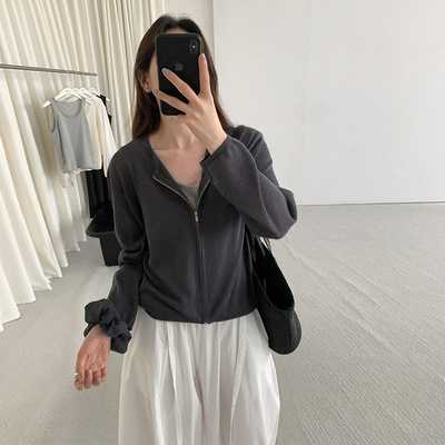 THXGIVING 韩系简约宽松针织拉链开衫女(配大肠发圈)2025夏季新款