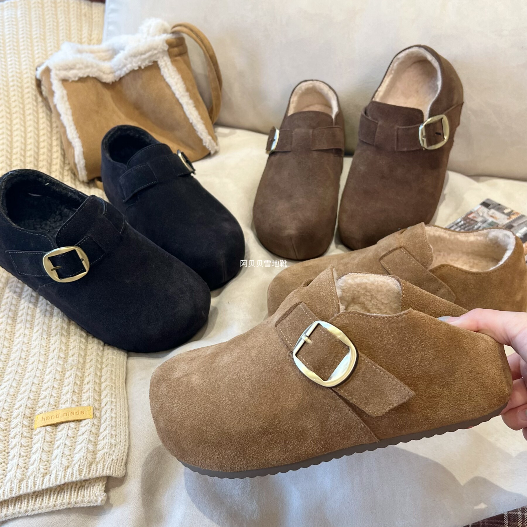 「BYBY」2025秋冬真皮增高5cm牛皮加绒勃肯鞋一脚蹬百搭厚底鞋