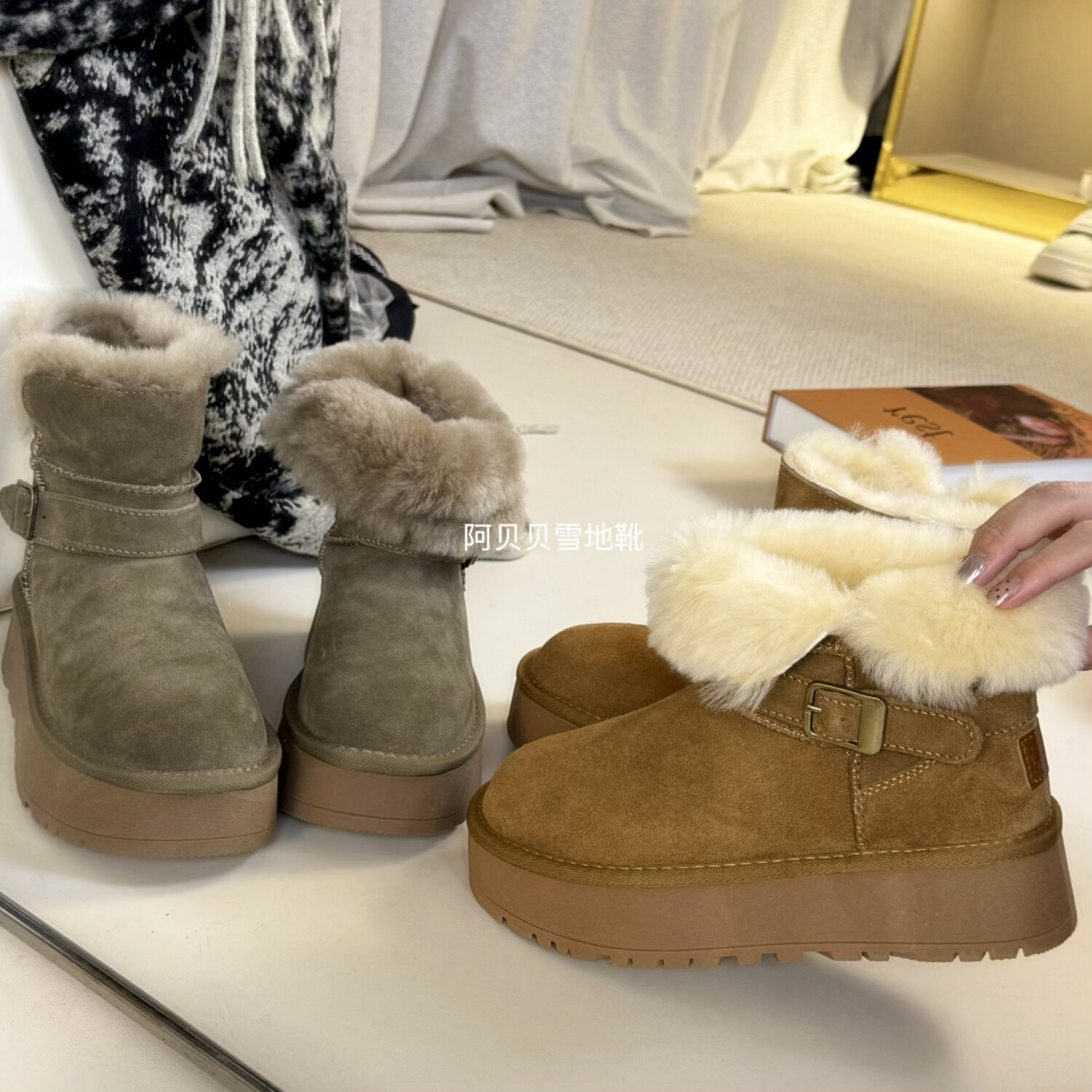 【阿贝贝】皮羊毛一体雪地靴女翻领保暖百搭厚底加厚短筒大棉鞋