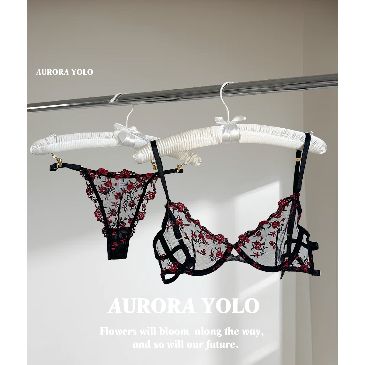 Aurora Yolo 高级感性感碎花刺绣花卉网纱半透视镂空文胸套装内衣