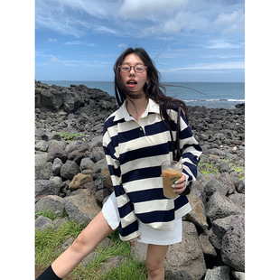 宽松软糯减龄上衣 琪宝广州黄峥学院风翻领百搭条纹polo卫衣秋季