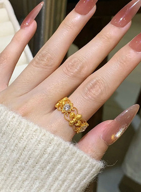 设计师拉丝金色繁花锆石戒指