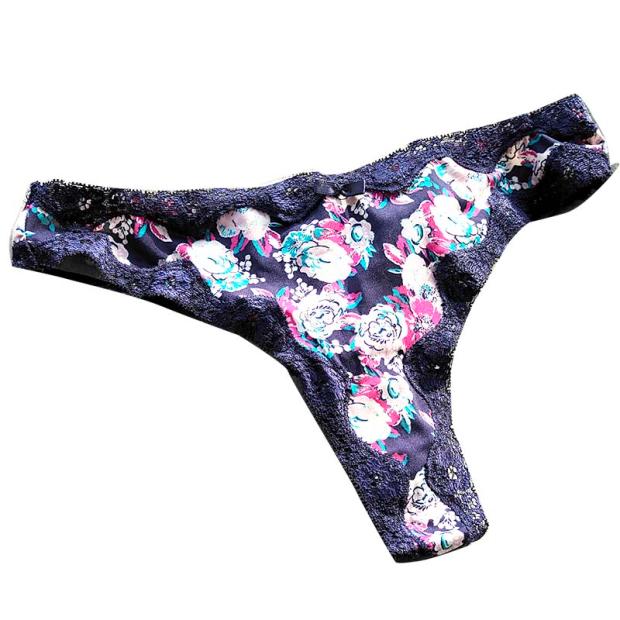 新品外贸蓝色蕾丝边可爱碎花弹性低档棉质性感女中腰内裤 丁字裤