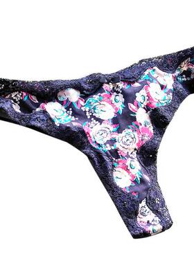 新品外贸蓝色蕾丝边可爱碎花弹性低档棉质性感女中腰内裤 丁字裤