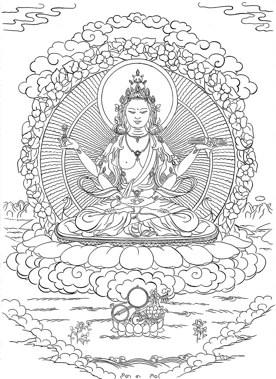 般若佛母唐卡线稿手绘静心减压涂色自画唐卡diy礼物装饰画