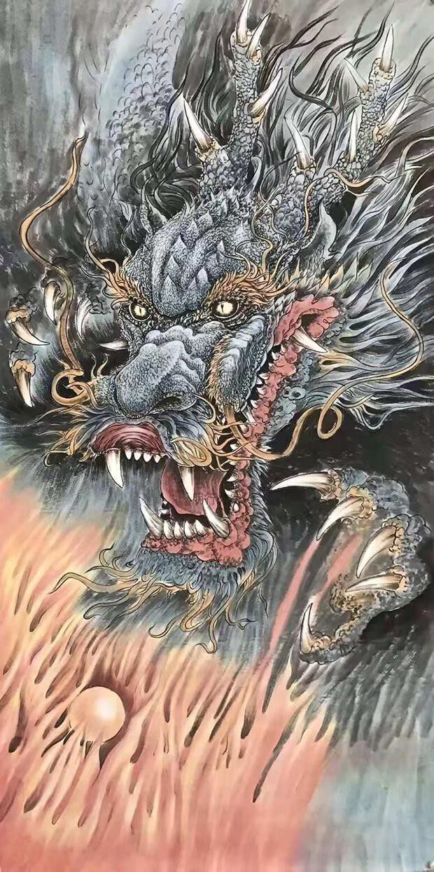 青龙主题瑞兽镇宅神兽金龙描金古风国粹装饰画涂色diy手绘线稿