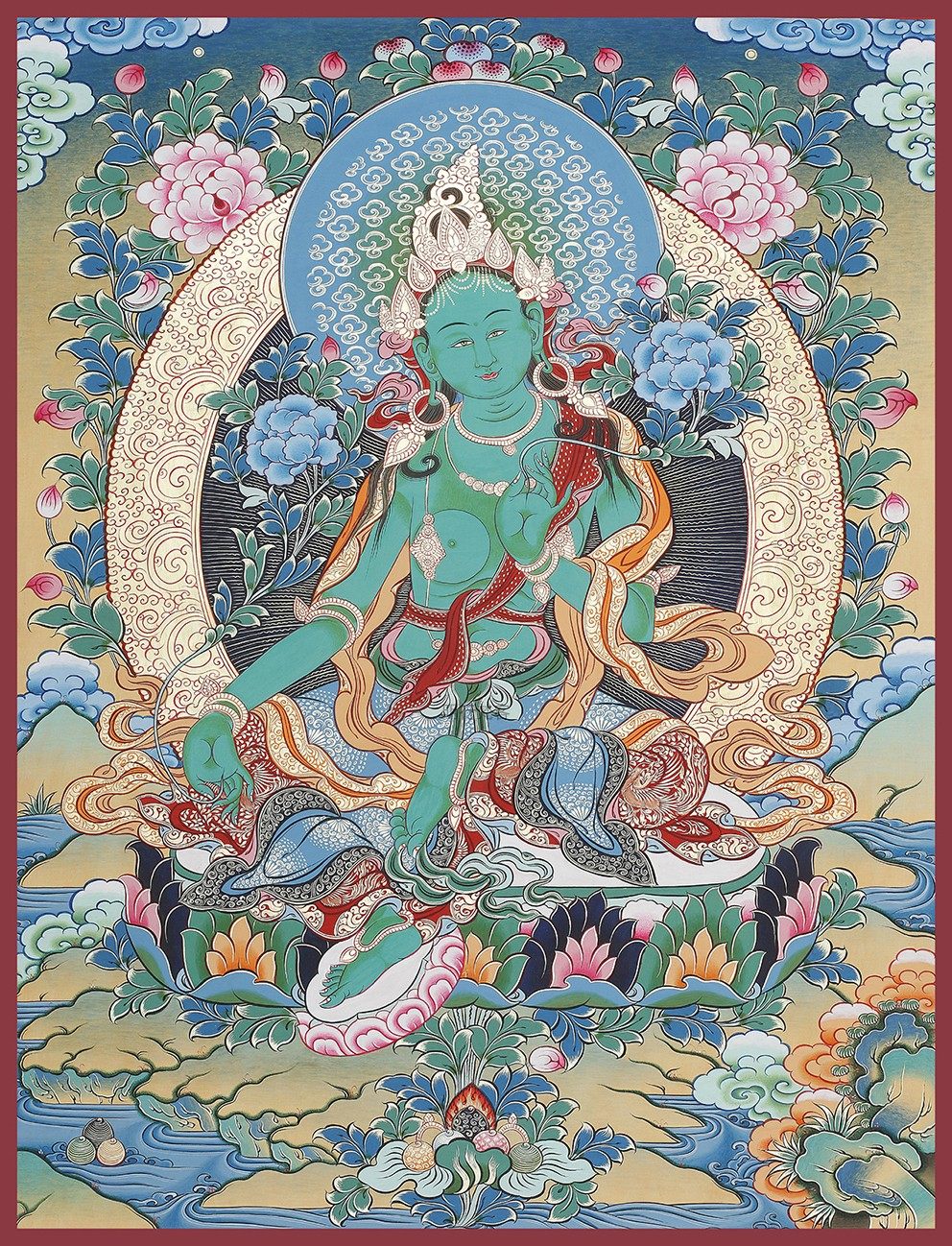 唐卡描金绿度母描金线画稿diy手绘唐卡佛像涂色装饰画黑唐卡