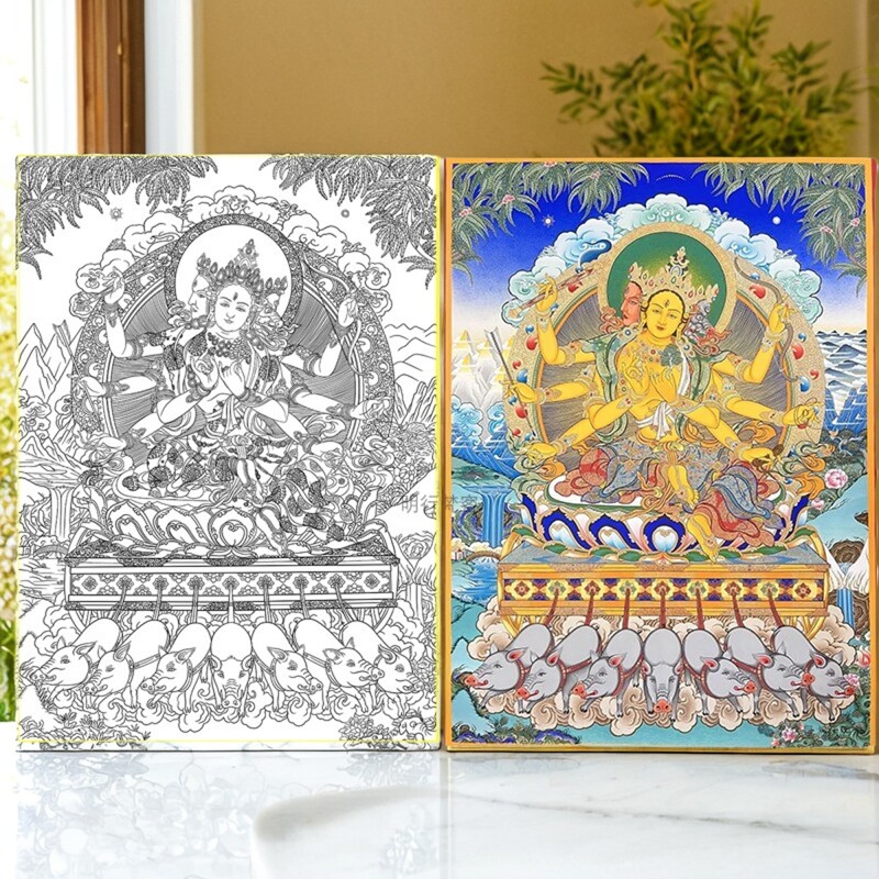 摩利支天斗姆唐卡描金diy线稿西藏手绘禅意线稿装饰画礼物画稿