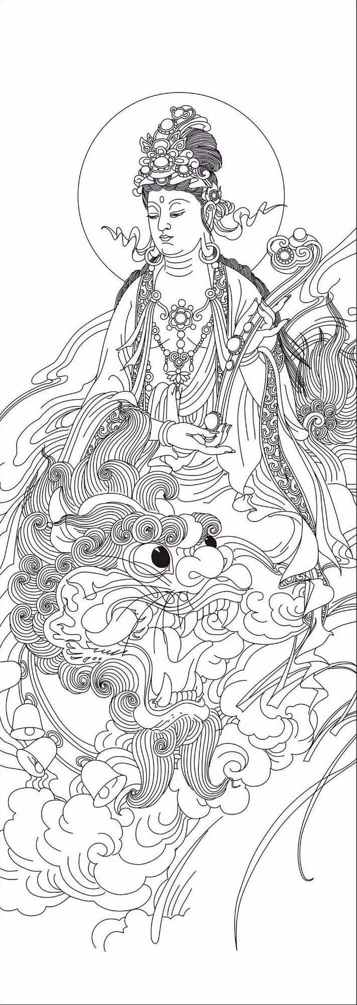 唐卡描金文殊菩萨描金线画稿diy手绘唐卡佛像涂色装饰画黑唐卡