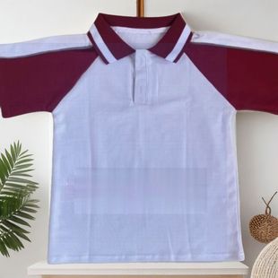 西安中小学生校服短袖夏季白色T恤高中初中生酒红色翻领半袖班服