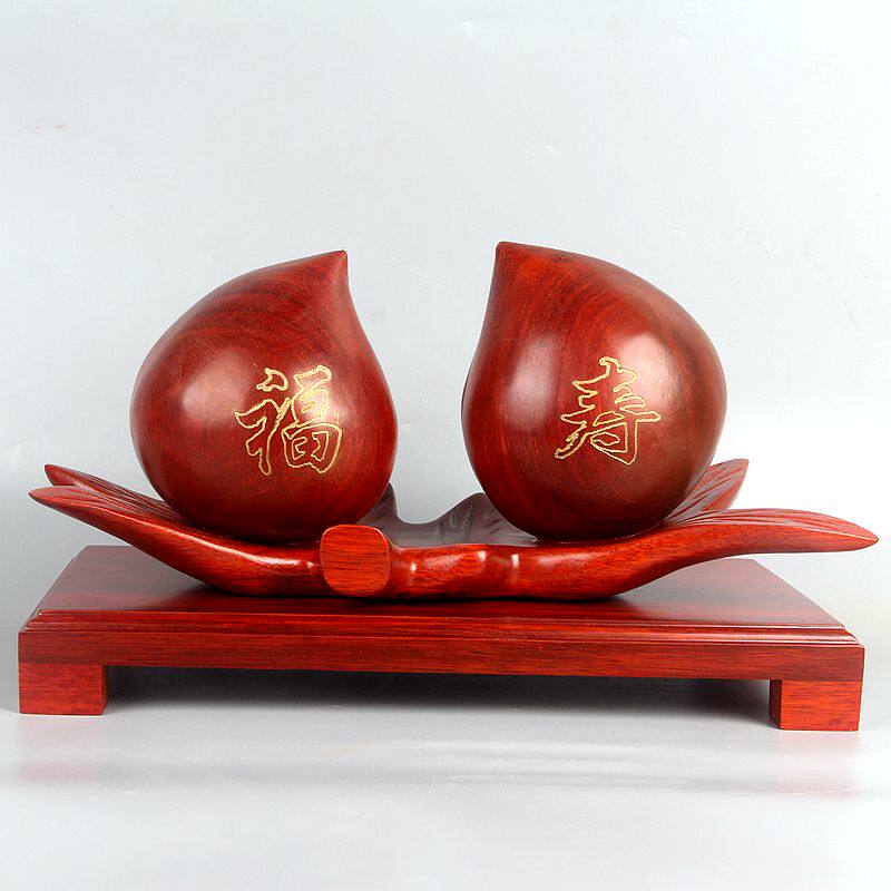 东阳木雕红色福寿桃祝寿生日送礼雕刻家居装饰工艺品实木桃子摆件
