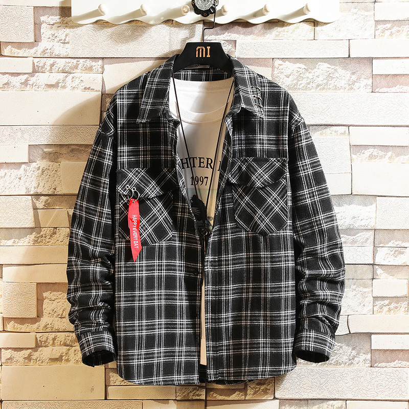 Japanese brick wall hanging photo trend casual large size original plaid shirt man