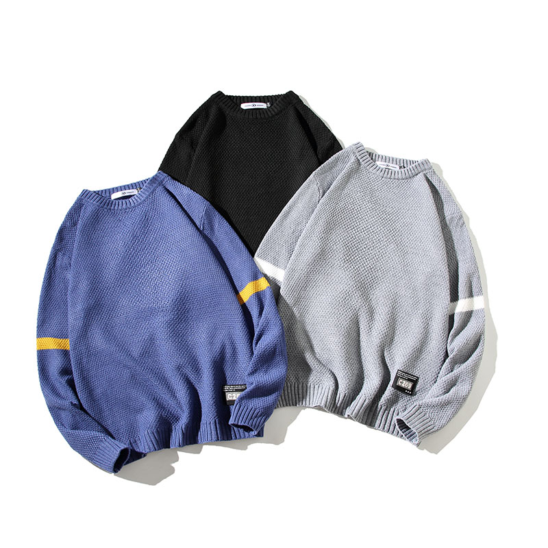 Japanese white bottom flat fall winter casual solid color round neck men's sweater knitting